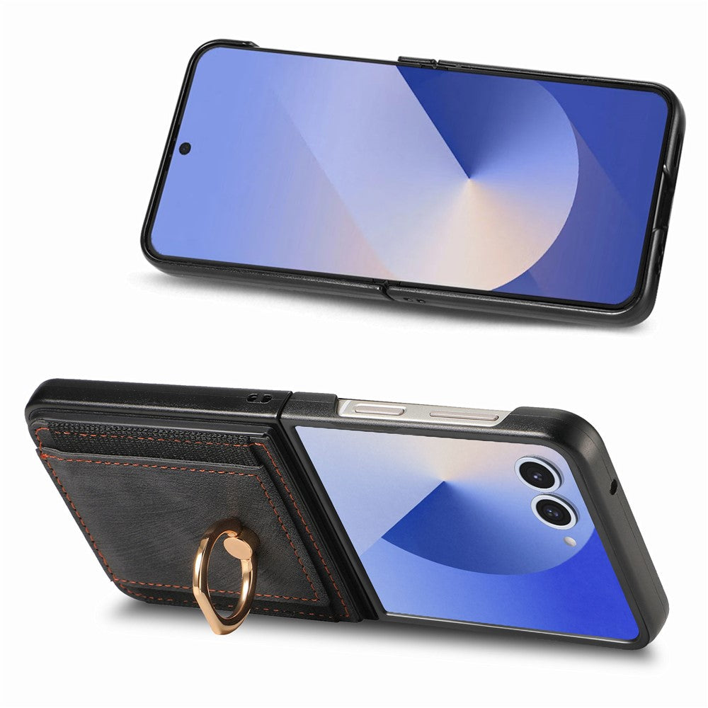 For Samsung Galaxy Z Flip7 5G Phone Case Leather Back Cover with Card Slots Kickstand - Black