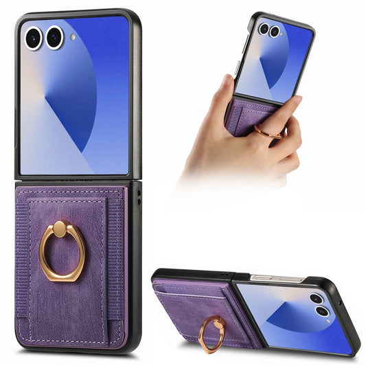 For Samsung Galaxy Z Flip7 5G Phone Case Leather Back Cover with Card Slots Kickstand - Purple