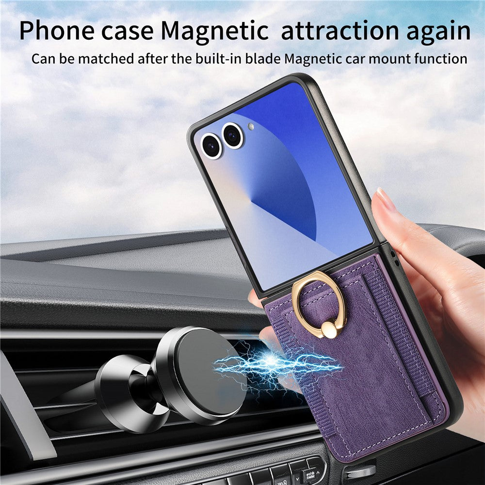 For Samsung Galaxy Z Flip7 5G Phone Case Leather Back Cover with Card Slots Kickstand - Purple