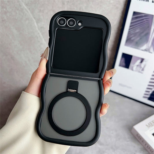 For Samsung Galaxy Z Flip7 FE 5G / Z Flip6 5G / Flip5 5G Magnetic Case Kickstand Skin-Touch Wave Edge TPU + PC Phone Cover - Black