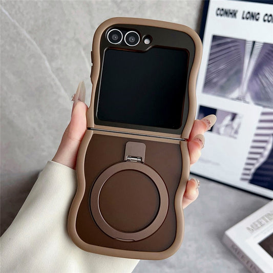For Samsung Galaxy Z Flip7 FE 5G / Z Flip6 5G / Flip5 5G Magnetic Case Kickstand Skin-Touch Wave Edge TPU + PC Phone Cover - Desert Gold