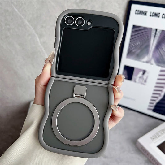 For Samsung Galaxy Z Flip7 FE 5G / Z Flip6 5G / Flip5 5G Magnetic Case Kickstand Skin-Touch Wave Edge TPU + PC Phone Cover - Grey