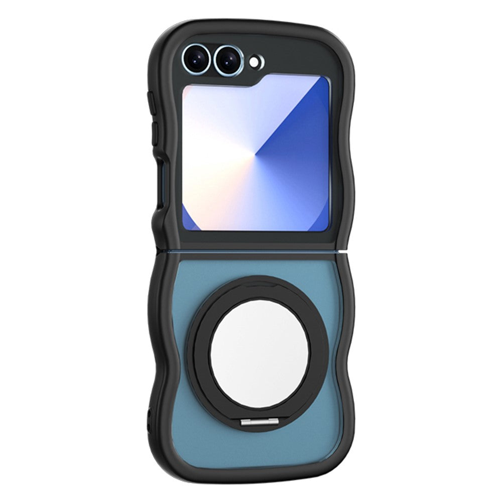 For Samsung Galaxy Z Flip7 FE 5G / Z Flip6 5G / Flip5 5G Magnetic Case Mirror Rotating Kickstand Wave Edge TPU + PC Phone Cover - Black
