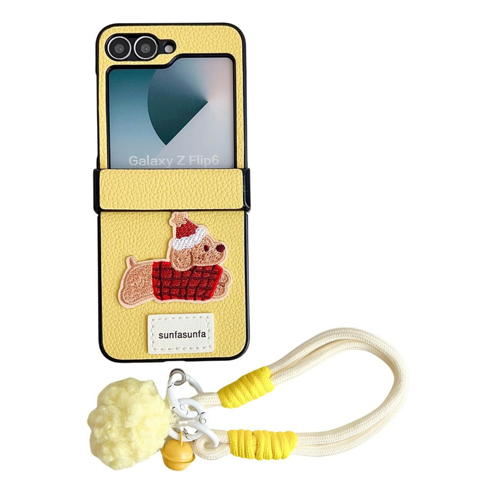 For Samsung Galaxy Z Flip7 FE 5G / Z Flip6 5G Case Cute Dog Hinge Protection Litchi Texture Phone Cover with Wrist Strap - Yellow