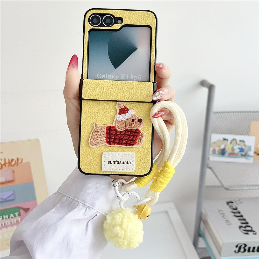For Samsung Galaxy Z Flip7 FE 5G / Z Flip6 5G Case Cute Dog Hinge Protection Litchi Texture Phone Cover with Wrist Strap - Yellow