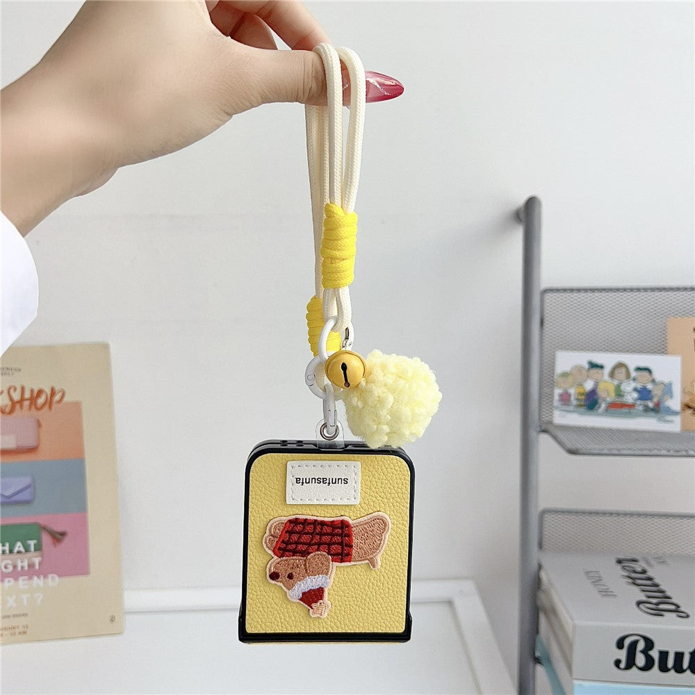 For Samsung Galaxy Z Flip7 FE 5G / Z Flip6 5G Case Cute Dog Hinge Protection Litchi Texture Phone Cover with Wrist Strap - Yellow