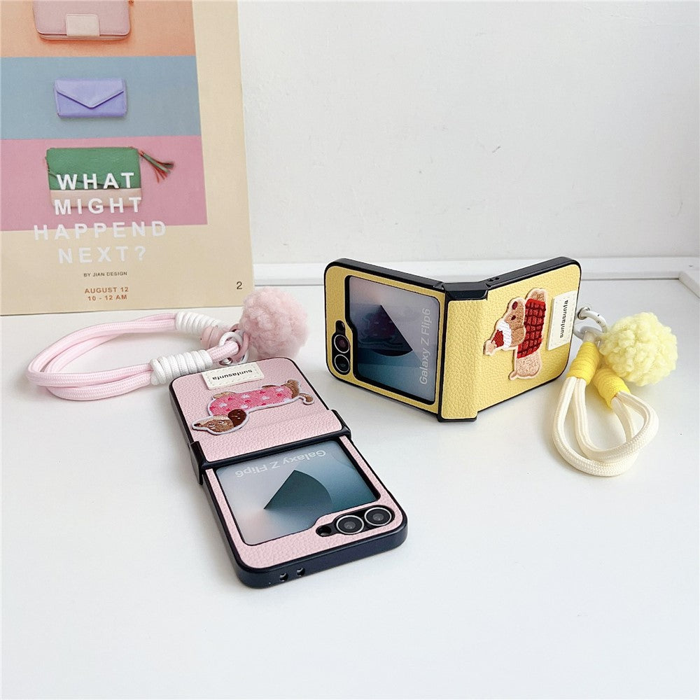 For Samsung Galaxy Z Flip7 FE 5G / Z Flip6 5G Case Cute Dog Hinge Protection Litchi Texture Phone Cover with Wrist Strap - Yellow
