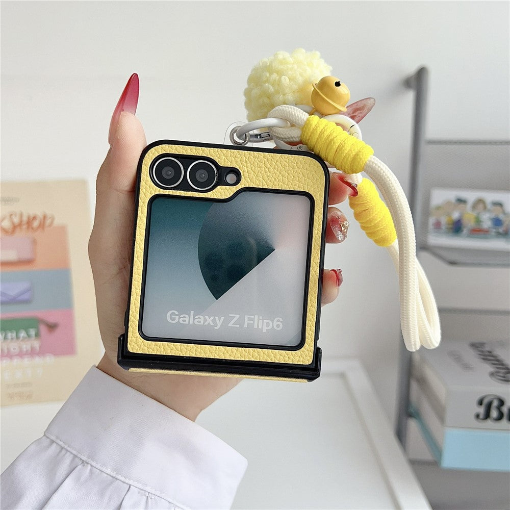 For Samsung Galaxy Z Flip7 FE 5G / Z Flip6 5G Case Cute Dog Hinge Protection Litchi Texture Phone Cover with Wrist Strap - Yellow