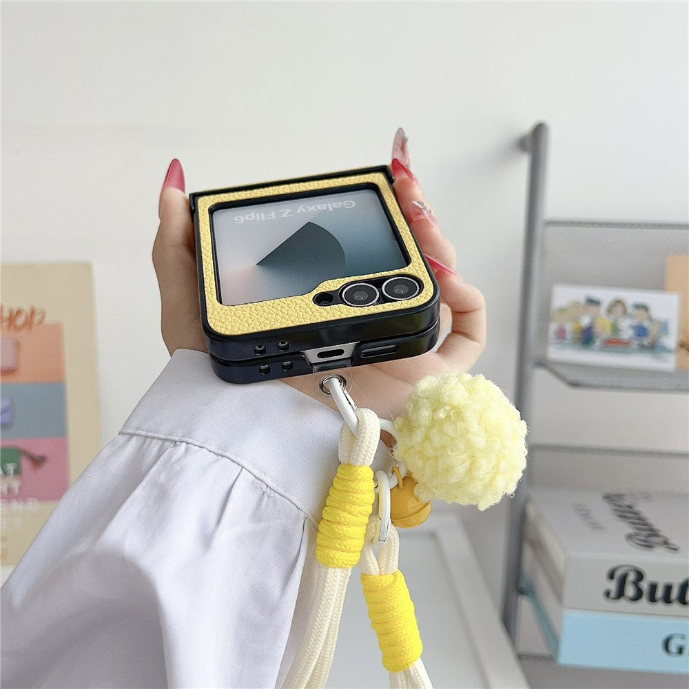 For Samsung Galaxy Z Flip7 FE 5G / Z Flip6 5G Case Cute Dog Hinge Protection Litchi Texture Phone Cover with Wrist Strap - Yellow