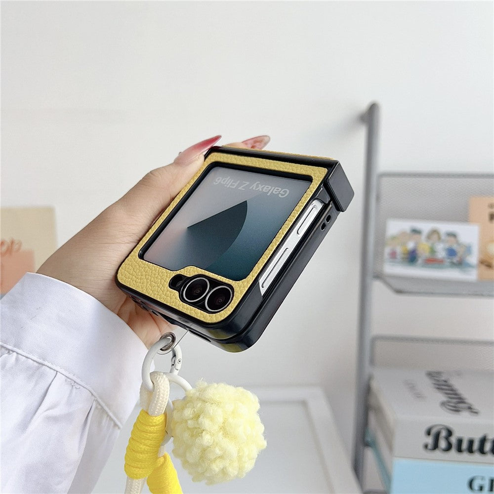 For Samsung Galaxy Z Flip7 FE 5G / Z Flip6 5G Case Cute Dog Hinge Protection Litchi Texture Phone Cover with Wrist Strap - Yellow