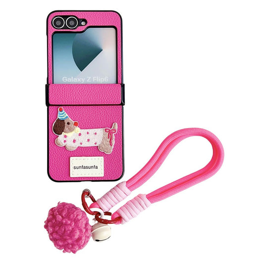 For Samsung Galaxy Z Flip7 FE 5G / Z Flip6 5G Case Cute Dog Hinge Protection Litchi Texture Phone Cover with Wrist Strap - Rose