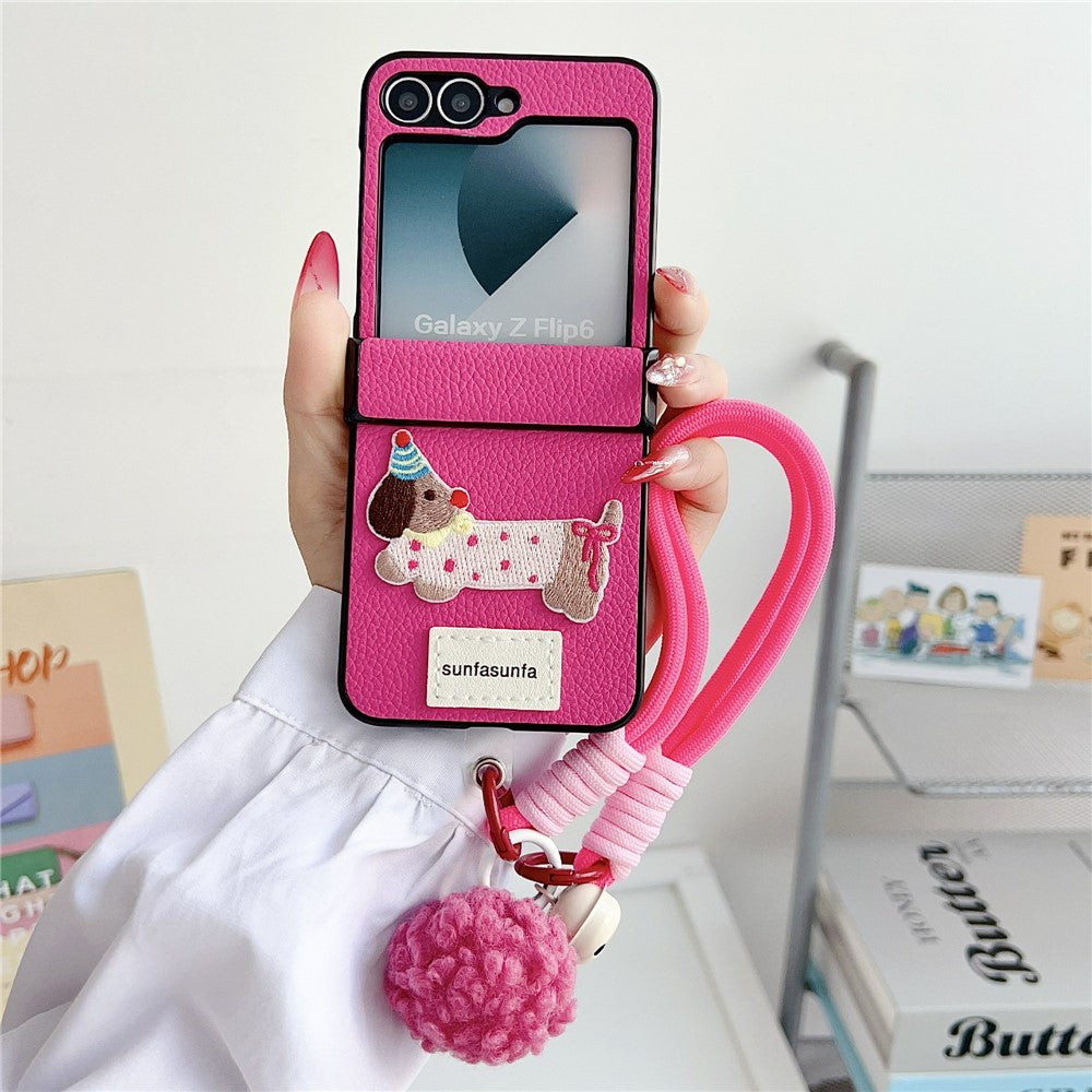 For Samsung Galaxy Z Flip7 FE 5G / Z Flip6 5G Case Cute Dog Hinge Protection Litchi Texture Phone Cover with Wrist Strap - Rose