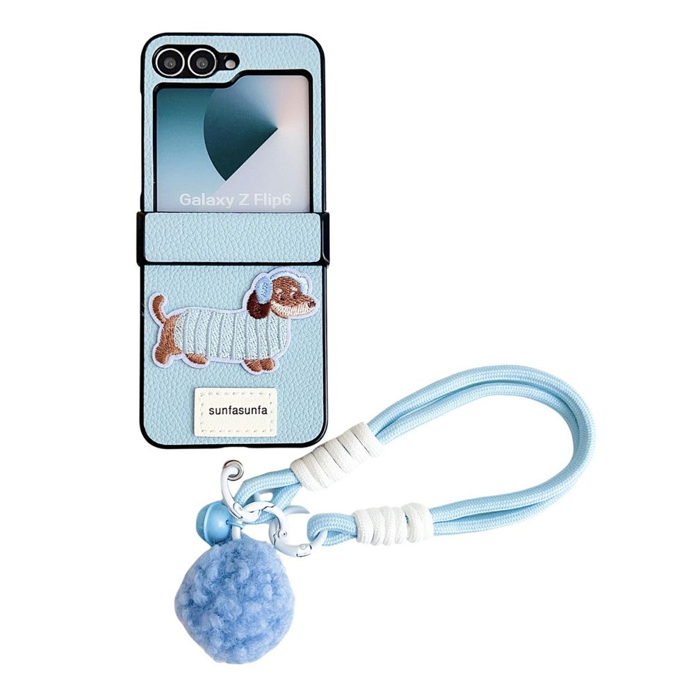 For Samsung Galaxy Z Flip7 FE 5G / Z Flip6 5G Case Cute Dog Hinge Protection Litchi Texture Phone Cover with Wrist Strap - Blue
