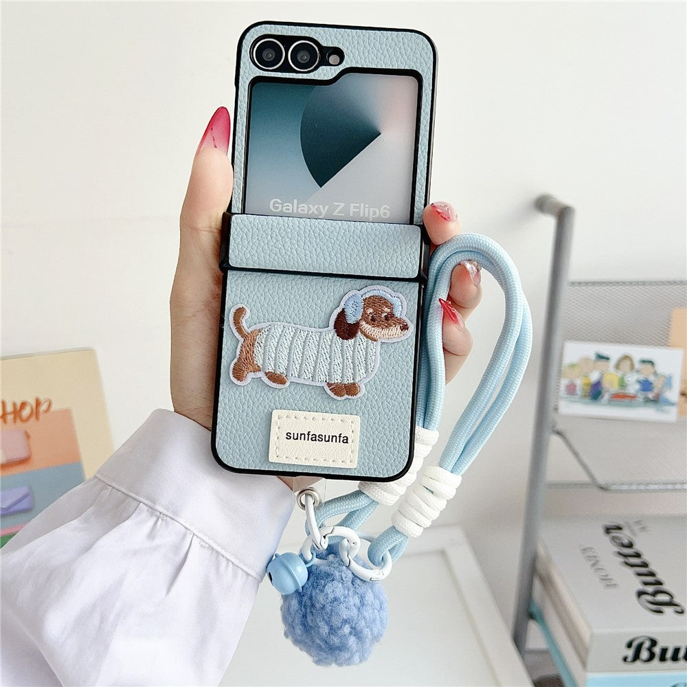 For Samsung Galaxy Z Flip7 FE 5G / Z Flip6 5G Case Cute Dog Hinge Protection Litchi Texture Phone Cover with Wrist Strap - Blue