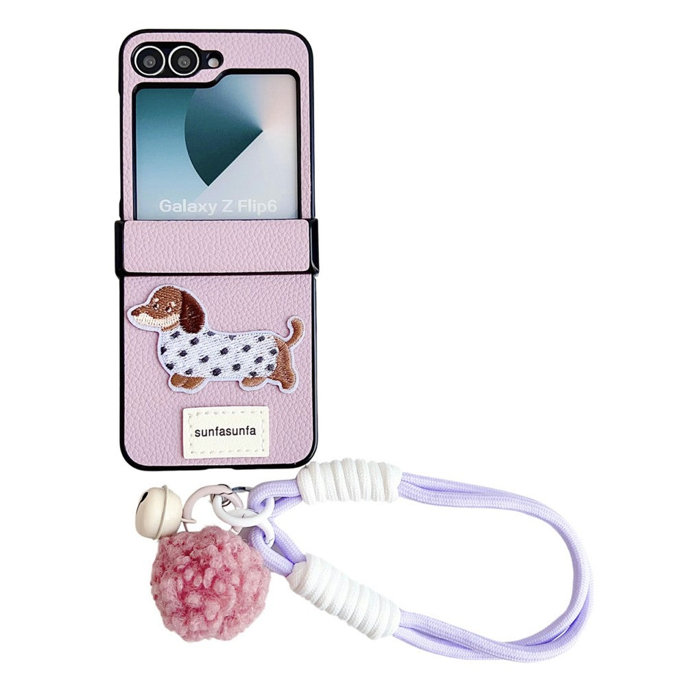 For Samsung Galaxy Z Flip7 FE 5G / Z Flip6 5G Case Cute Dog Hinge Protection Litchi Texture Phone Cover with Wrist Strap - Purple