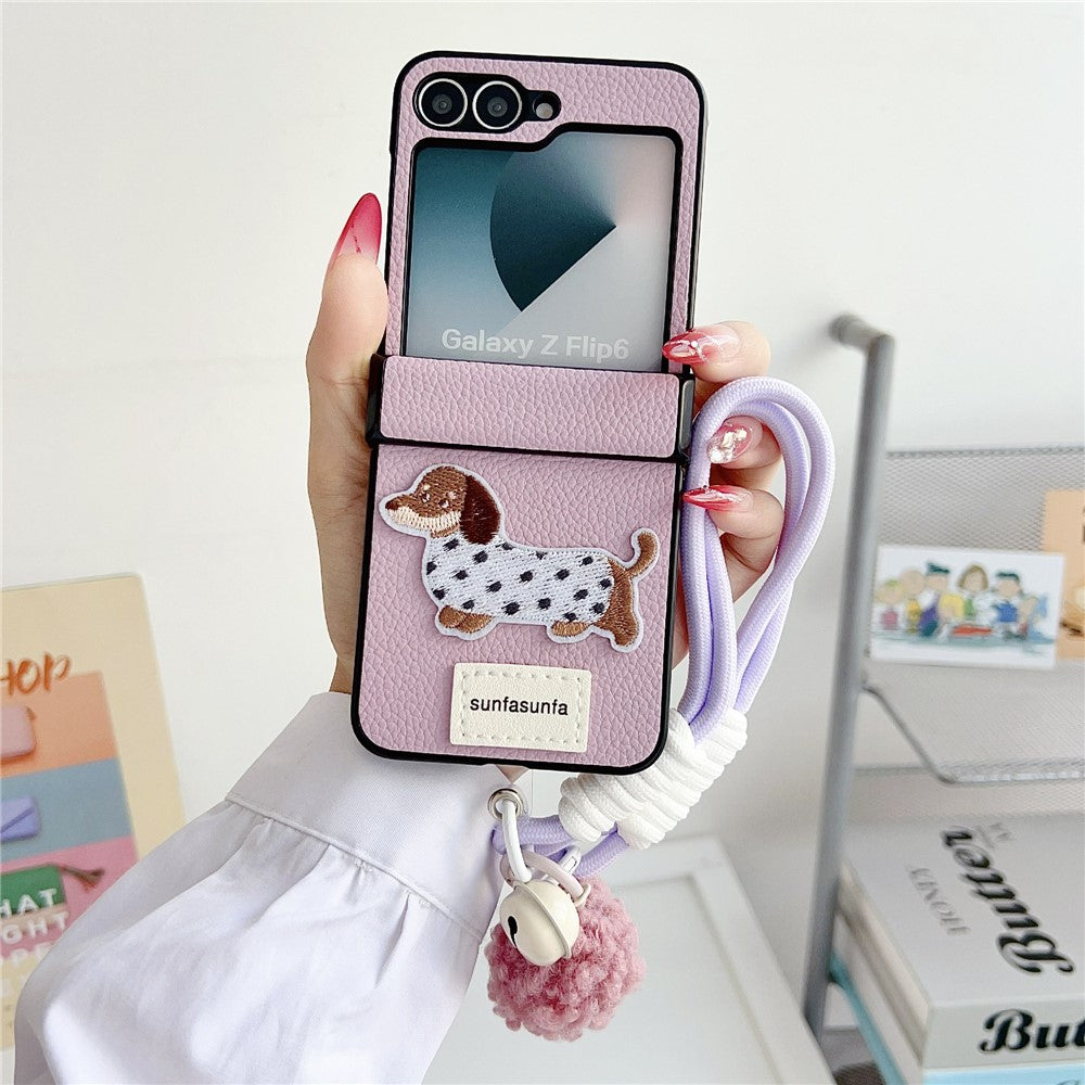 For Samsung Galaxy Z Flip7 FE 5G / Z Flip6 5G Case Cute Dog Hinge Protection Litchi Texture Phone Cover with Wrist Strap - Purple