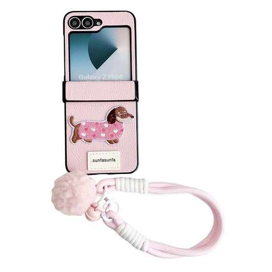 For Samsung Galaxy Z Flip7 FE 5G / Z Flip6 5G Case Cute Dog Hinge Protection Litchi Texture Phone Cover with Wrist Strap - Pink