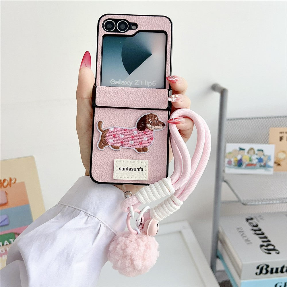 For Samsung Galaxy Z Flip7 FE 5G / Z Flip6 5G Case Cute Dog Hinge Protection Litchi Texture Phone Cover with Wrist Strap - Pink
