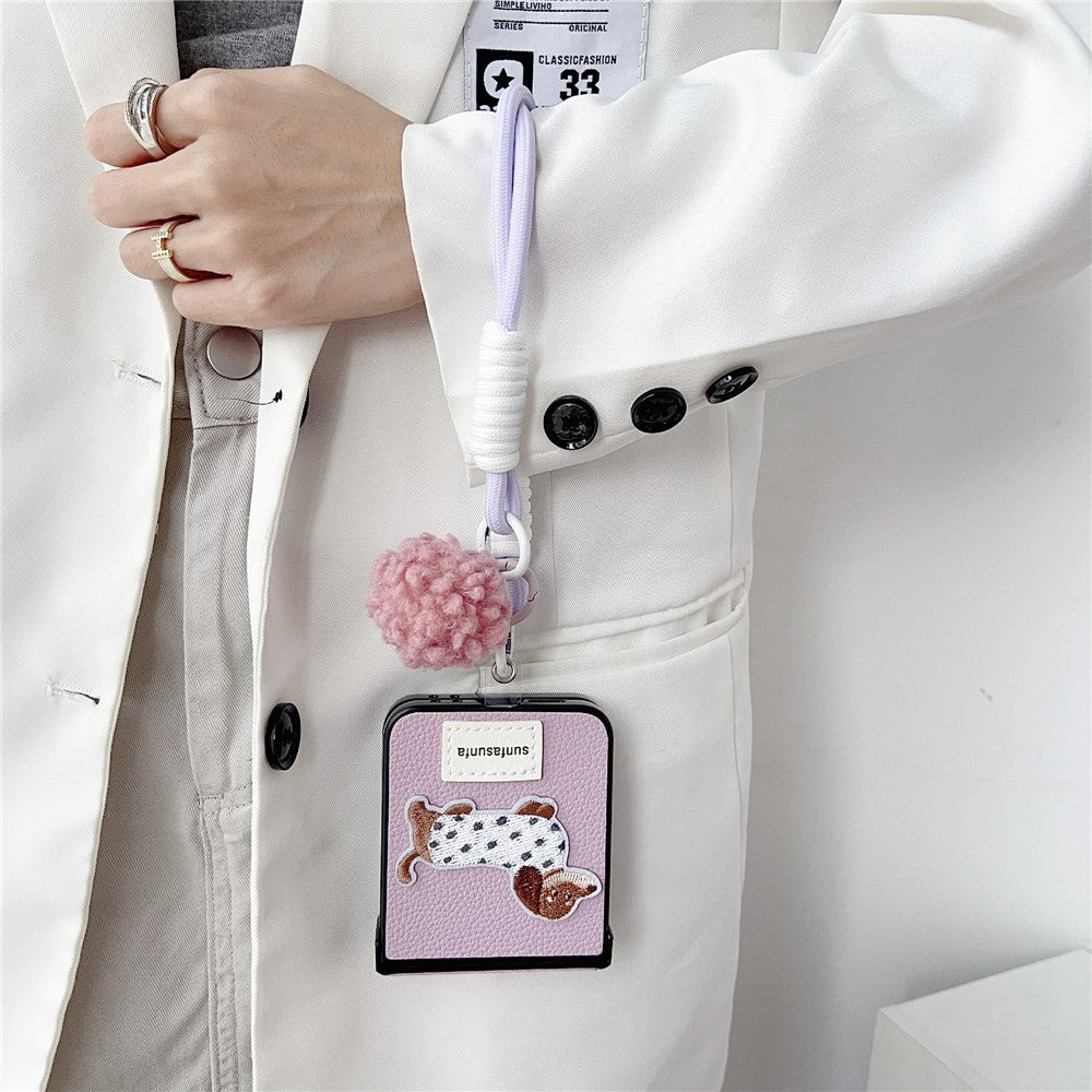 For Samsung Galaxy Z Flip7 FE 5G / Z Flip6 5G Case Cute Dog Hinge Protection Litchi Texture Phone Cover with Wrist Strap - Pink