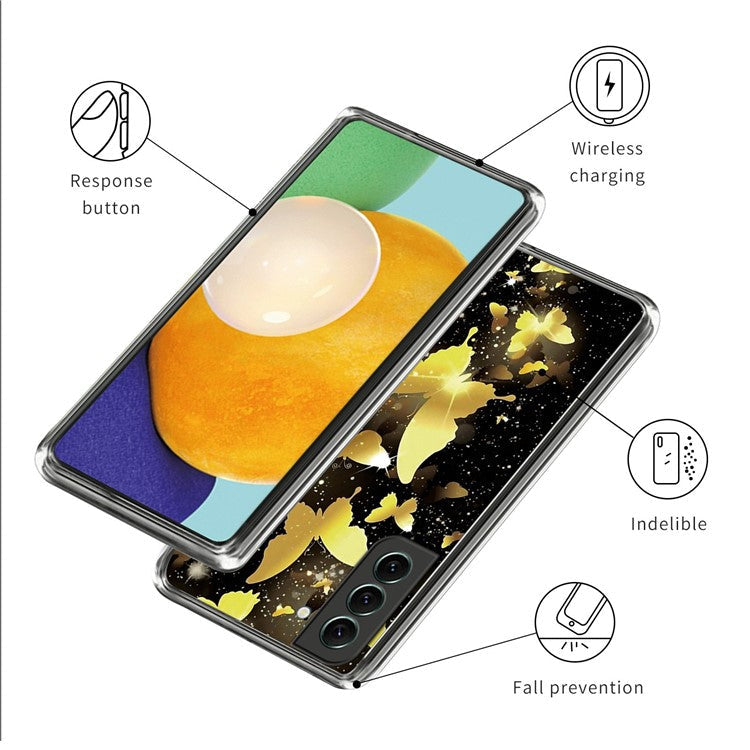 For Samsung Galaxy S23 Stylish IMD Pattern Printing Anti-scratch Case Flexible TPU Drop-proof Cover - Gold Butterflies