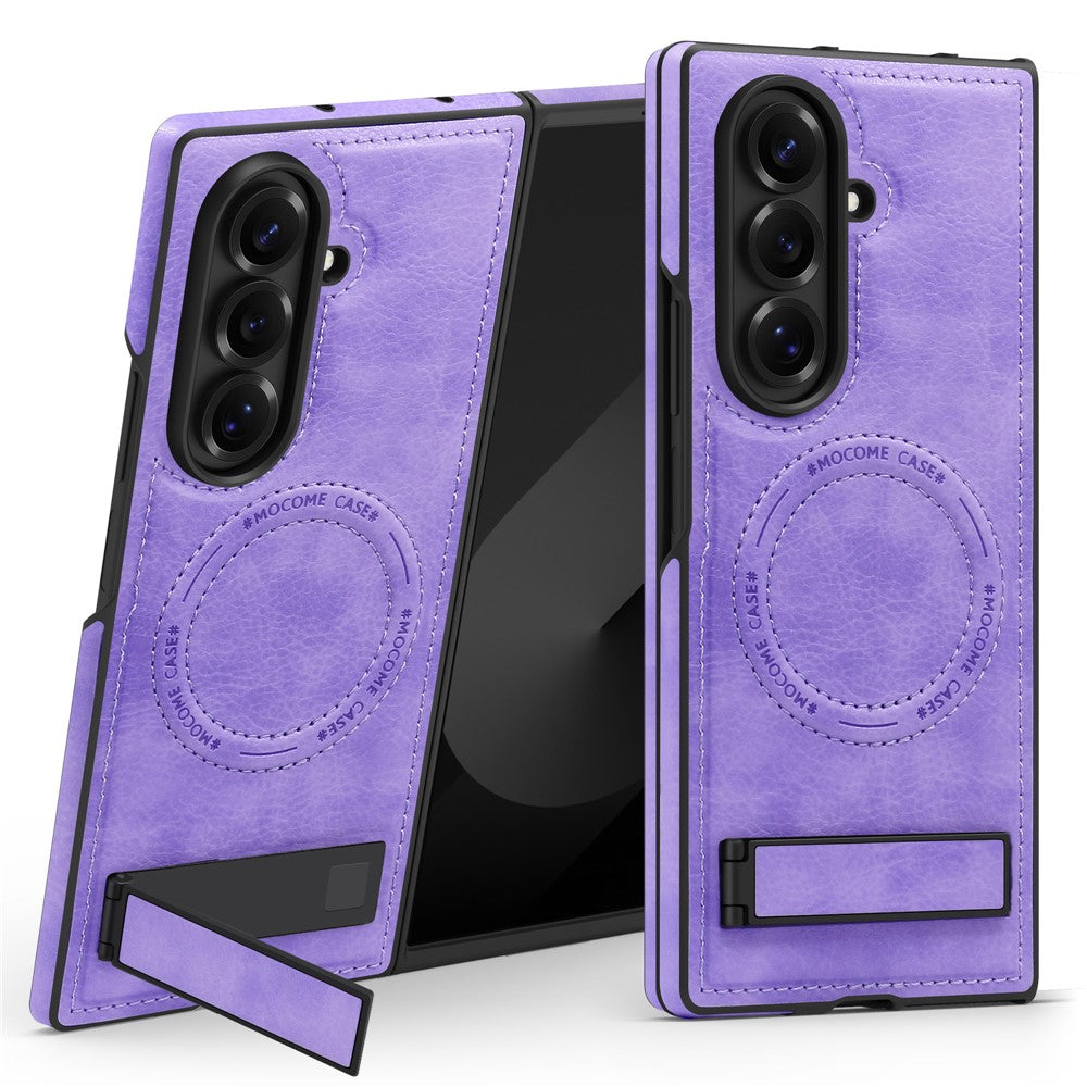 For Samsung Galaxy Z Fold7 5G Case Compatible with MagSafe Kickstand Leather Phone Back Cover - Light Purple