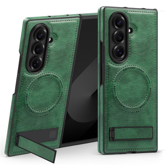 For Samsung Galaxy Z Fold7 5G Case Compatible with MagSafe Kickstand Leather Phone Back Cover - Blackish Green