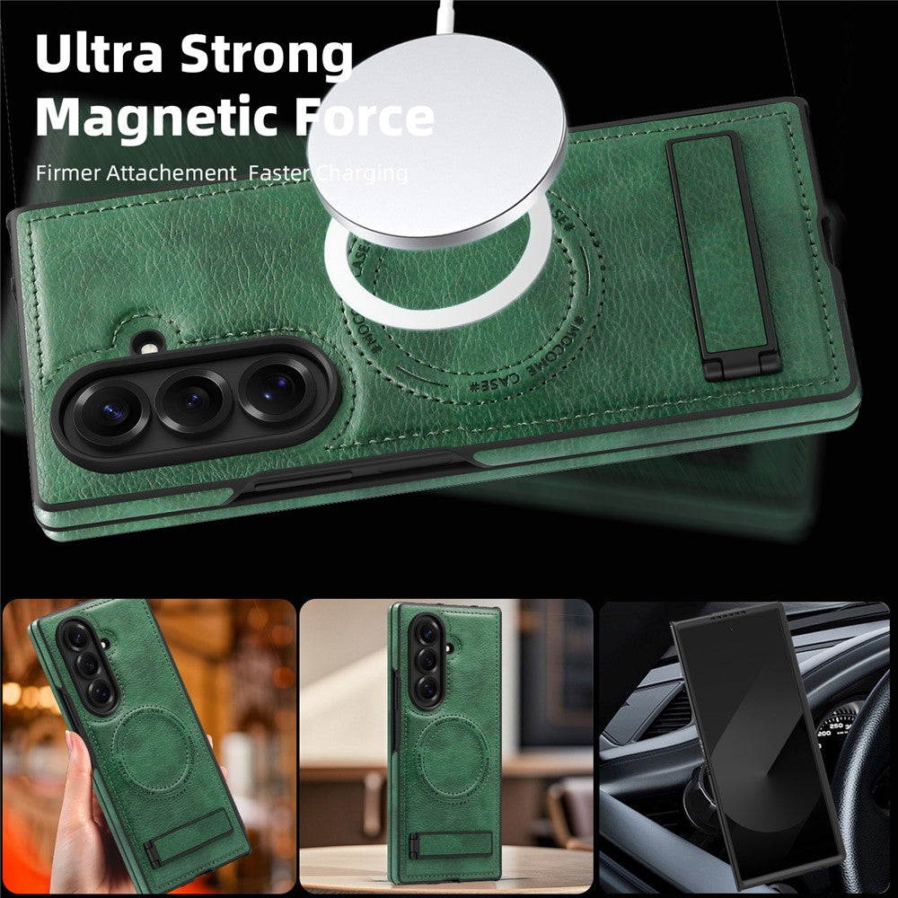 For Samsung Galaxy Z Fold7 5G Case Compatible with MagSafe Kickstand Leather Phone Back Cover - Blackish Green