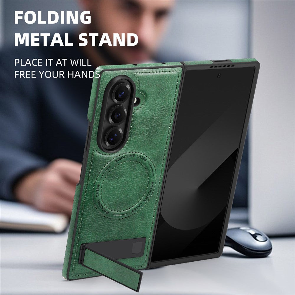 For Samsung Galaxy Z Fold7 5G Case Compatible with MagSafe Kickstand Leather Phone Back Cover - Blackish Green