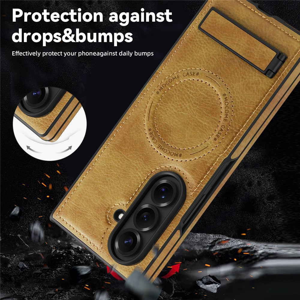 For Samsung Galaxy Z Fold7 5G Case Compatible with MagSafe Kickstand Leather Phone Back Cover - Brown