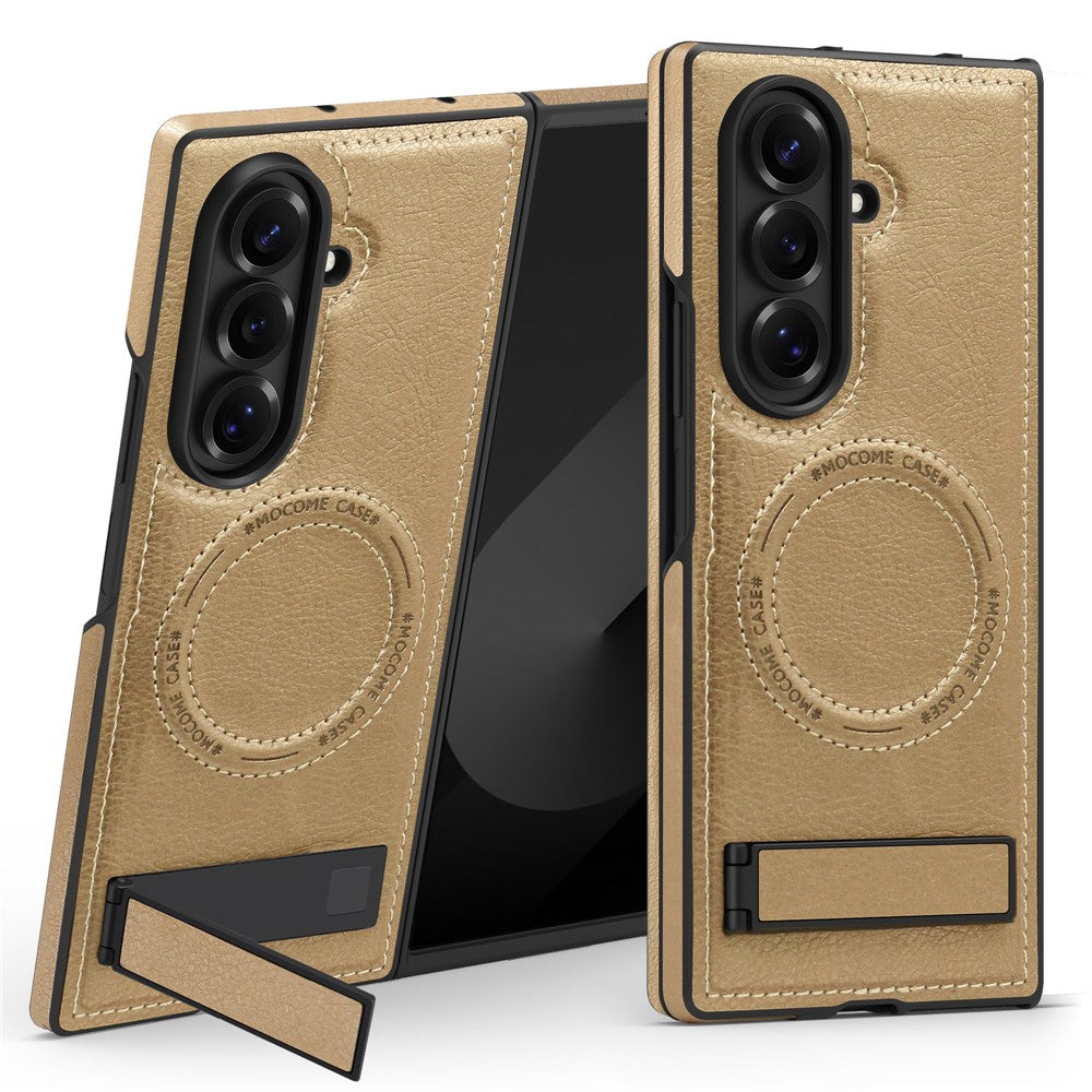 For Samsung Galaxy Z Fold7 5G Case Compatible with MagSafe Kickstand Leather Phone Back Cover - Desert Gold