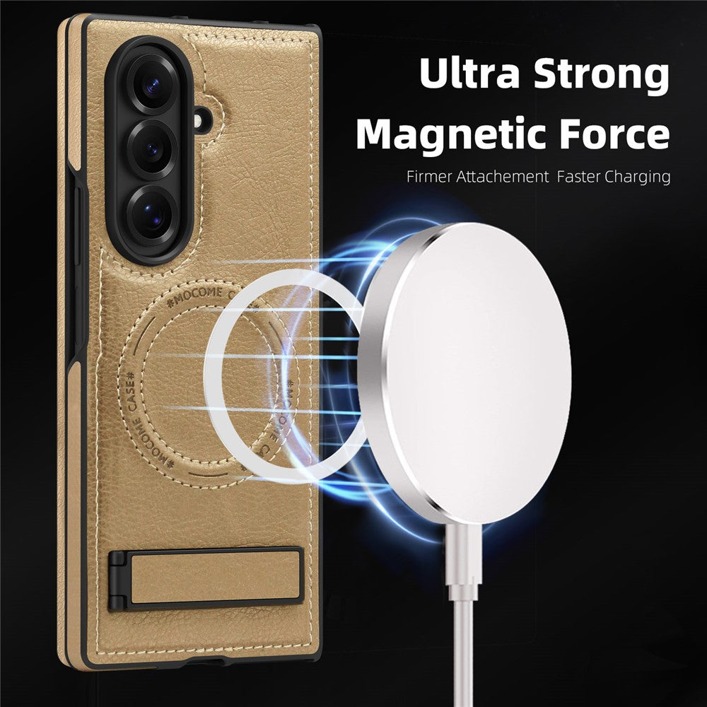 For Samsung Galaxy Z Fold7 5G Case Compatible with MagSafe Kickstand Leather Phone Back Cover - Desert Gold