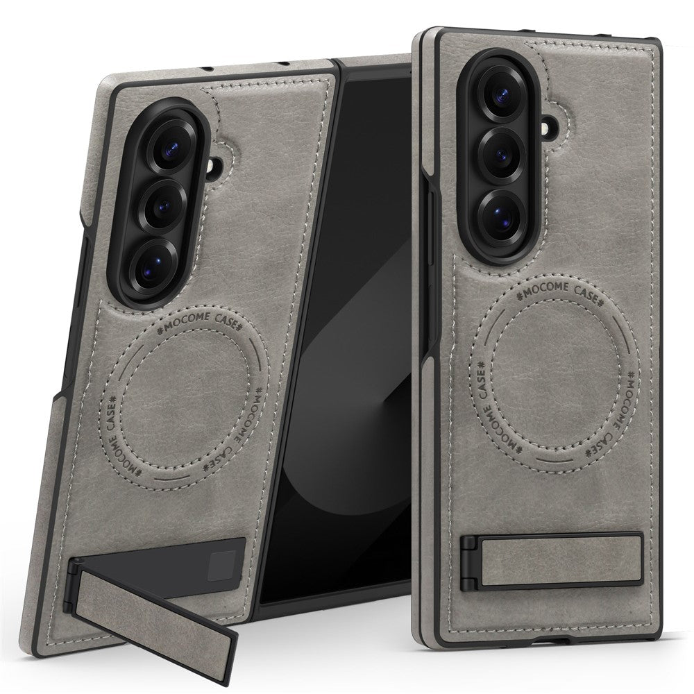 For Samsung Galaxy Z Fold7 5G Case Compatible with MagSafe Kickstand Leather Phone Back Cover - Grey