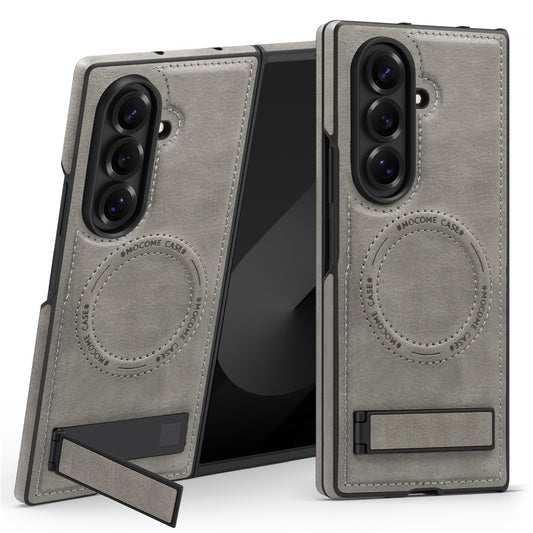 For Samsung Galaxy Z Fold7 5G Case Compatible with MagSafe Kickstand Leather Phone Back Cover - Grey