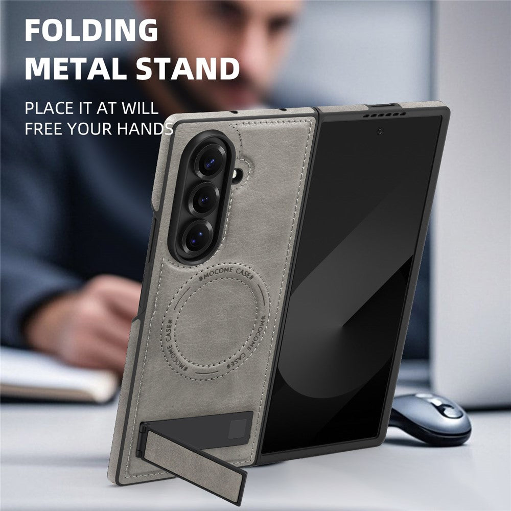 For Samsung Galaxy Z Fold7 5G Case Compatible with MagSafe Kickstand Leather Phone Back Cover - Grey