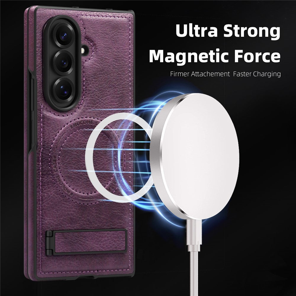 For Samsung Galaxy Z Fold7 5G Case Compatible with MagSafe Kickstand Leather Phone Back Cover - Dark Purple