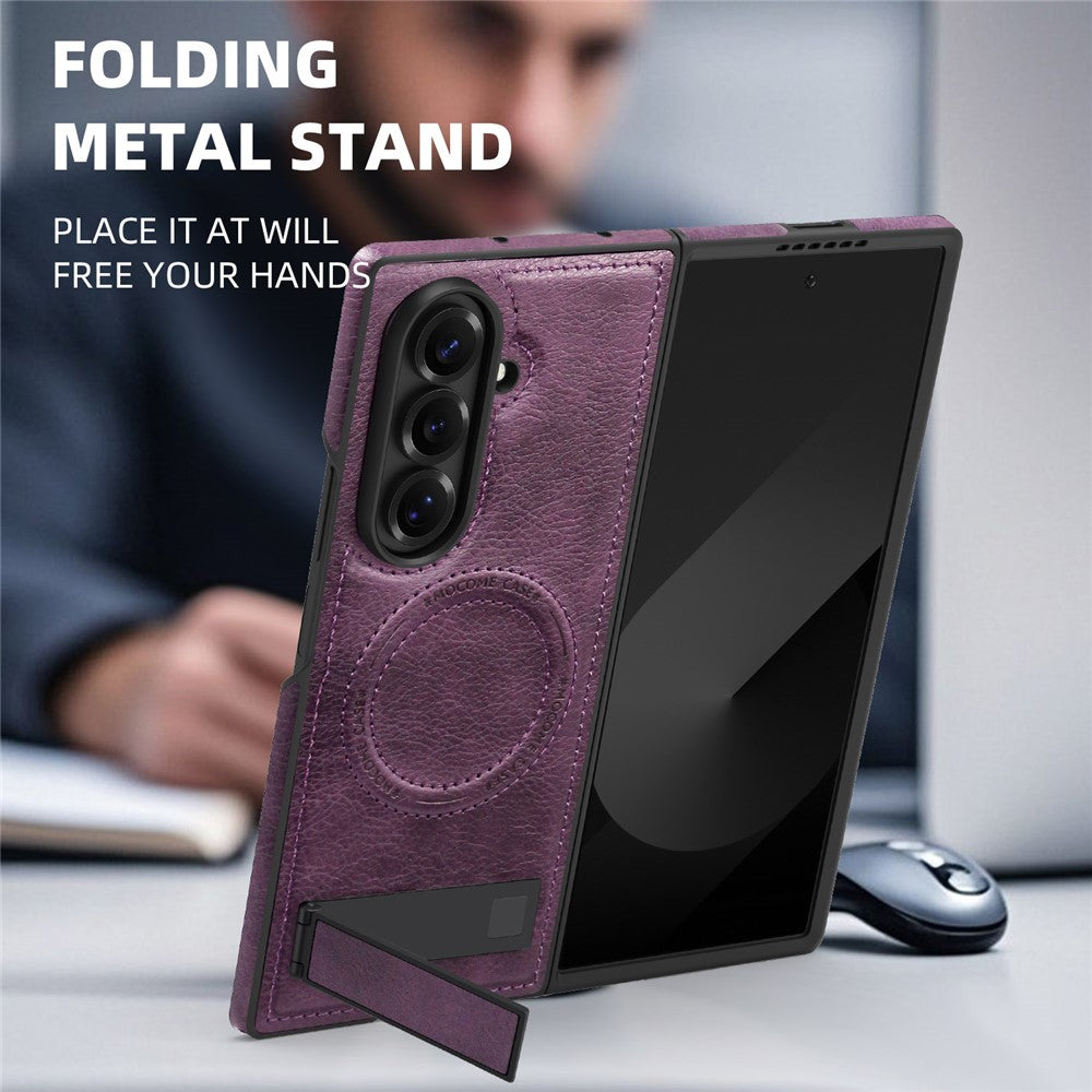 For Samsung Galaxy Z Fold7 5G Case Compatible with MagSafe Kickstand Leather Phone Back Cover - Dark Purple