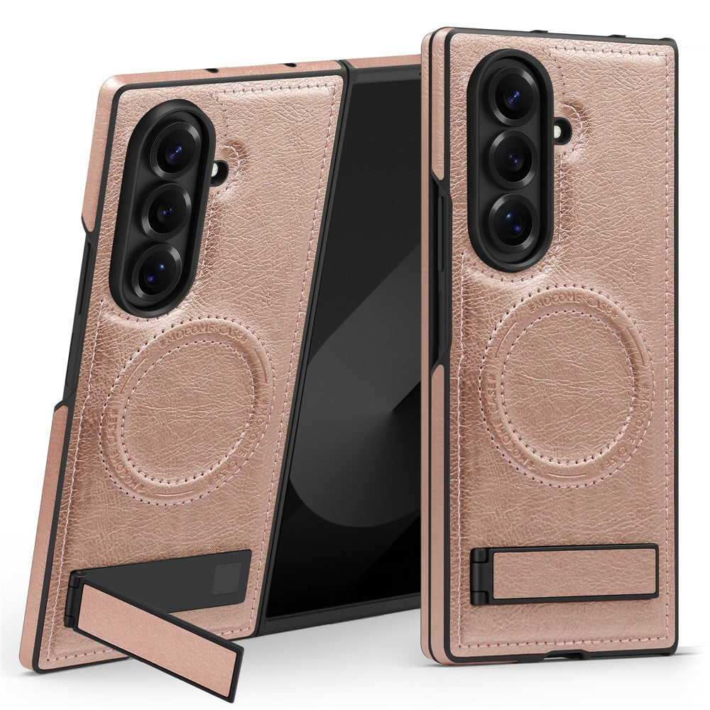 For Samsung Galaxy Z Fold7 5G Case Compatible with MagSafe Kickstand Leather Phone Back Cover - Rose Gold