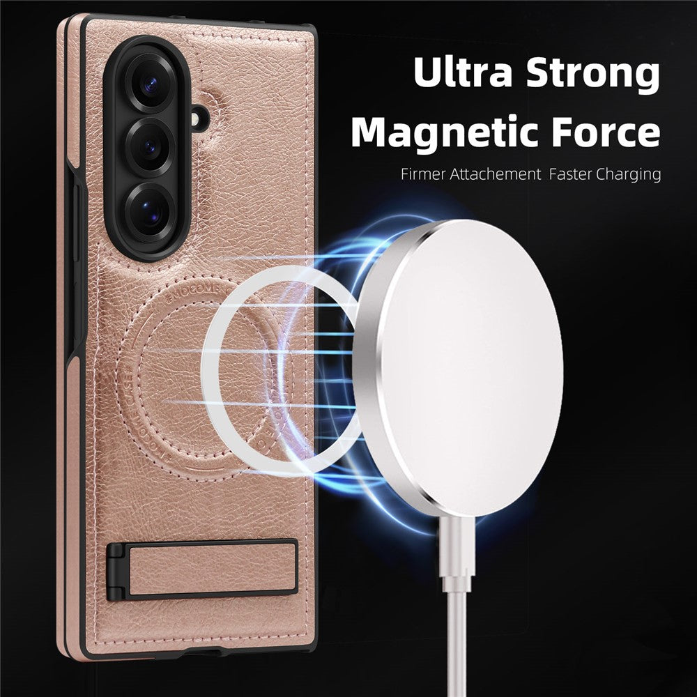 For Samsung Galaxy Z Fold7 5G Case Compatible with MagSafe Kickstand Leather Phone Back Cover - Rose Gold
