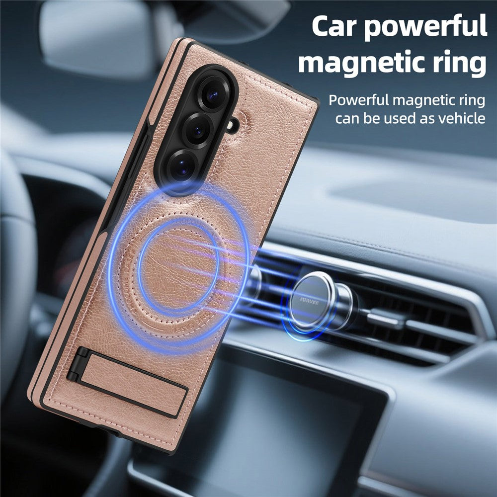 For Samsung Galaxy Z Fold7 5G Case Compatible with MagSafe Kickstand Leather Phone Back Cover - Rose Gold
