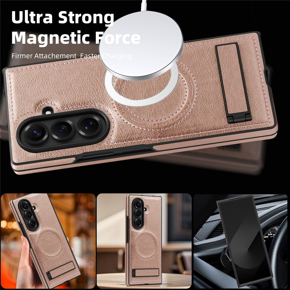 For Samsung Galaxy Z Fold7 5G Case Compatible with MagSafe Kickstand Leather Phone Back Cover - Rose Gold