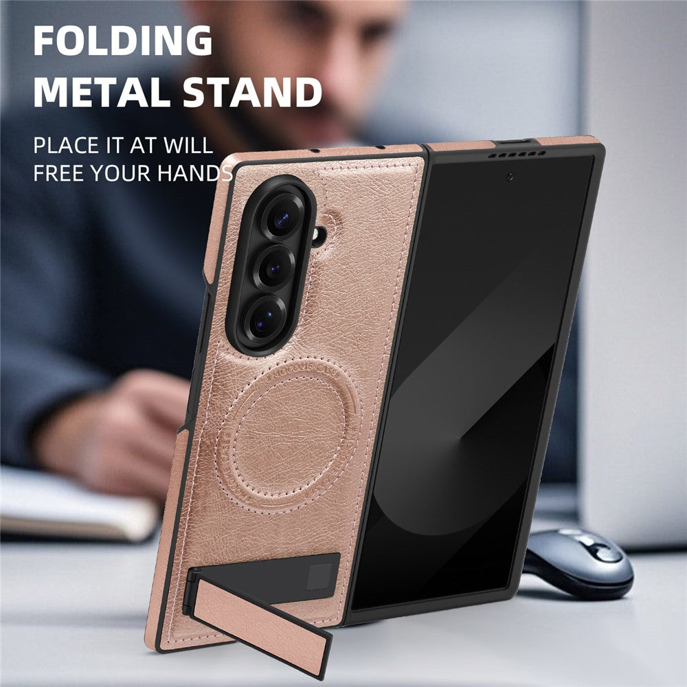 For Samsung Galaxy Z Fold7 5G Case Compatible with MagSafe Kickstand Leather Phone Back Cover - Rose Gold