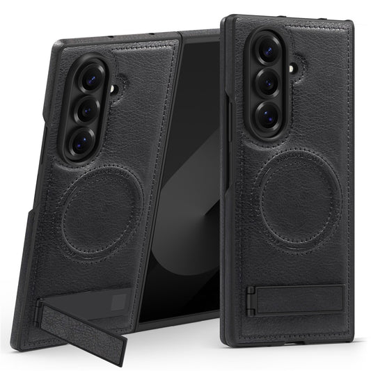 For Samsung Galaxy Z Fold7 5G Case Compatible with MagSafe Kickstand Leather Phone Back Cover - Black