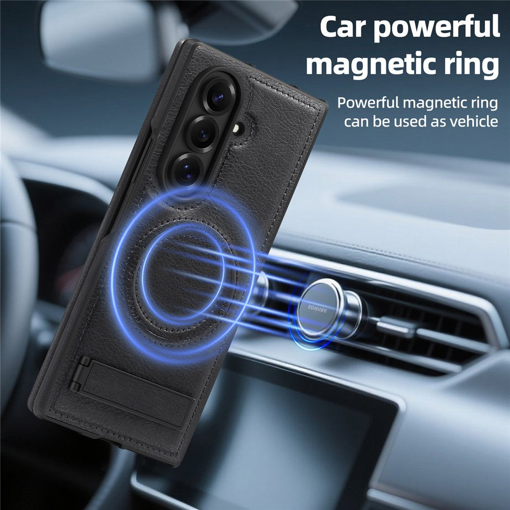 For Samsung Galaxy Z Fold7 5G Case Compatible with MagSafe Kickstand Leather Phone Back Cover - Black