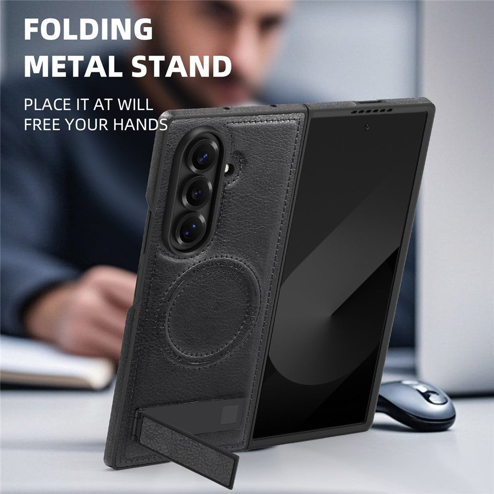 For Samsung Galaxy Z Fold7 5G Case Compatible with MagSafe Kickstand Leather Phone Back Cover - Black