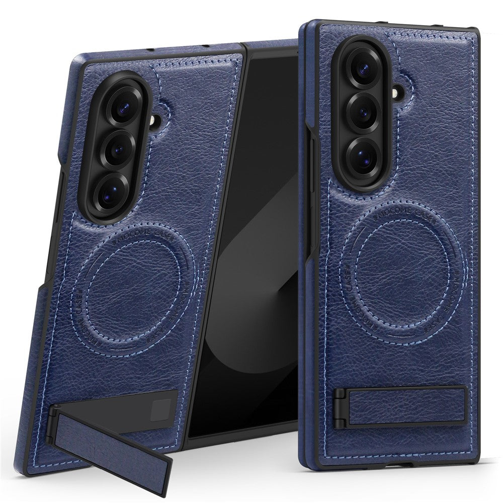 For Samsung Galaxy Z Fold7 5G Case Compatible with MagSafe Kickstand Leather Phone Back Cover - Sapphire