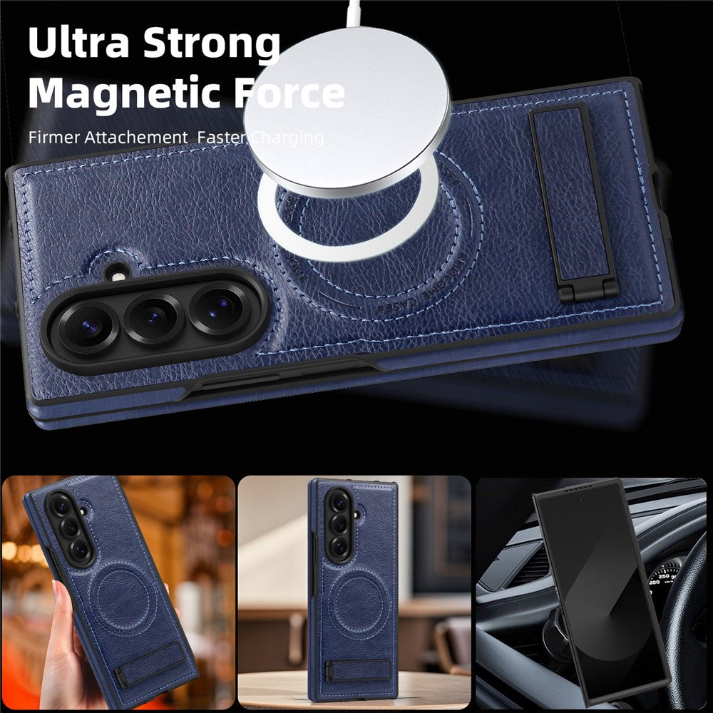 For Samsung Galaxy Z Fold7 5G Case Compatible with MagSafe Kickstand Leather Phone Back Cover - Sapphire