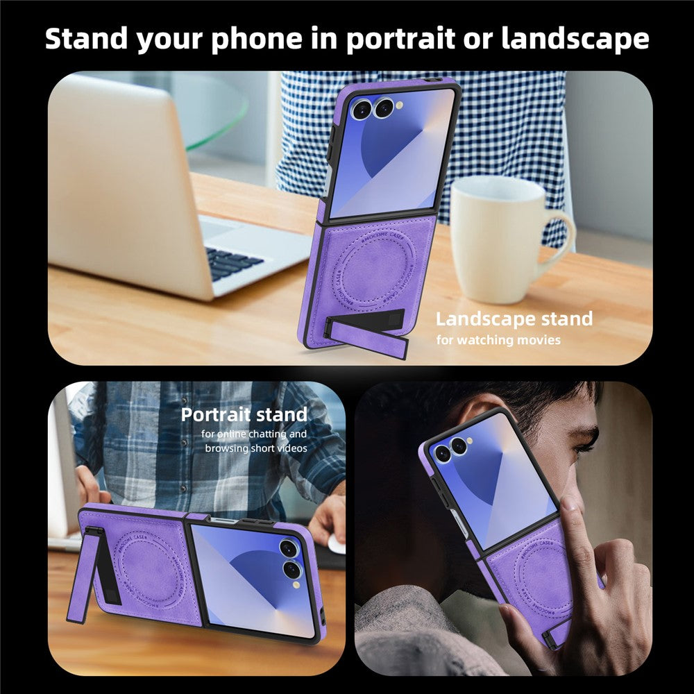For Samsung Galaxy Z Flip7 5G Case Compatible with MagSafe Kickstand Leather Phone Back Cover - Light Purple