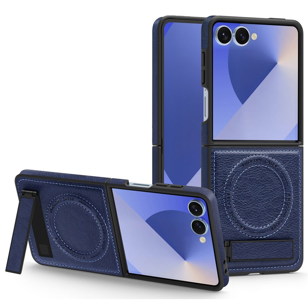 For Samsung Galaxy Z Flip7 5G Case Compatible with MagSafe Kickstand Leather Phone Back Cover - Sapphire