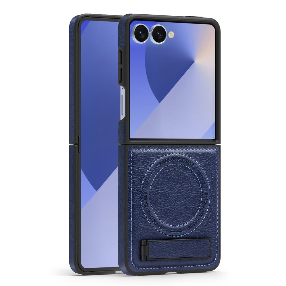 For Samsung Galaxy Z Flip7 5G Case Compatible with MagSafe Kickstand Leather Phone Back Cover - Sapphire