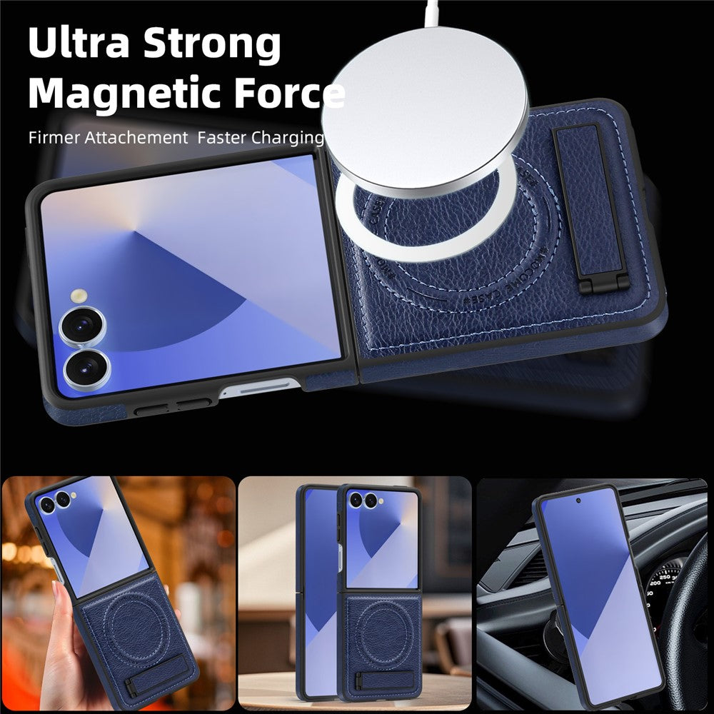 For Samsung Galaxy Z Flip7 5G Case Compatible with MagSafe Kickstand Leather Phone Back Cover - Sapphire